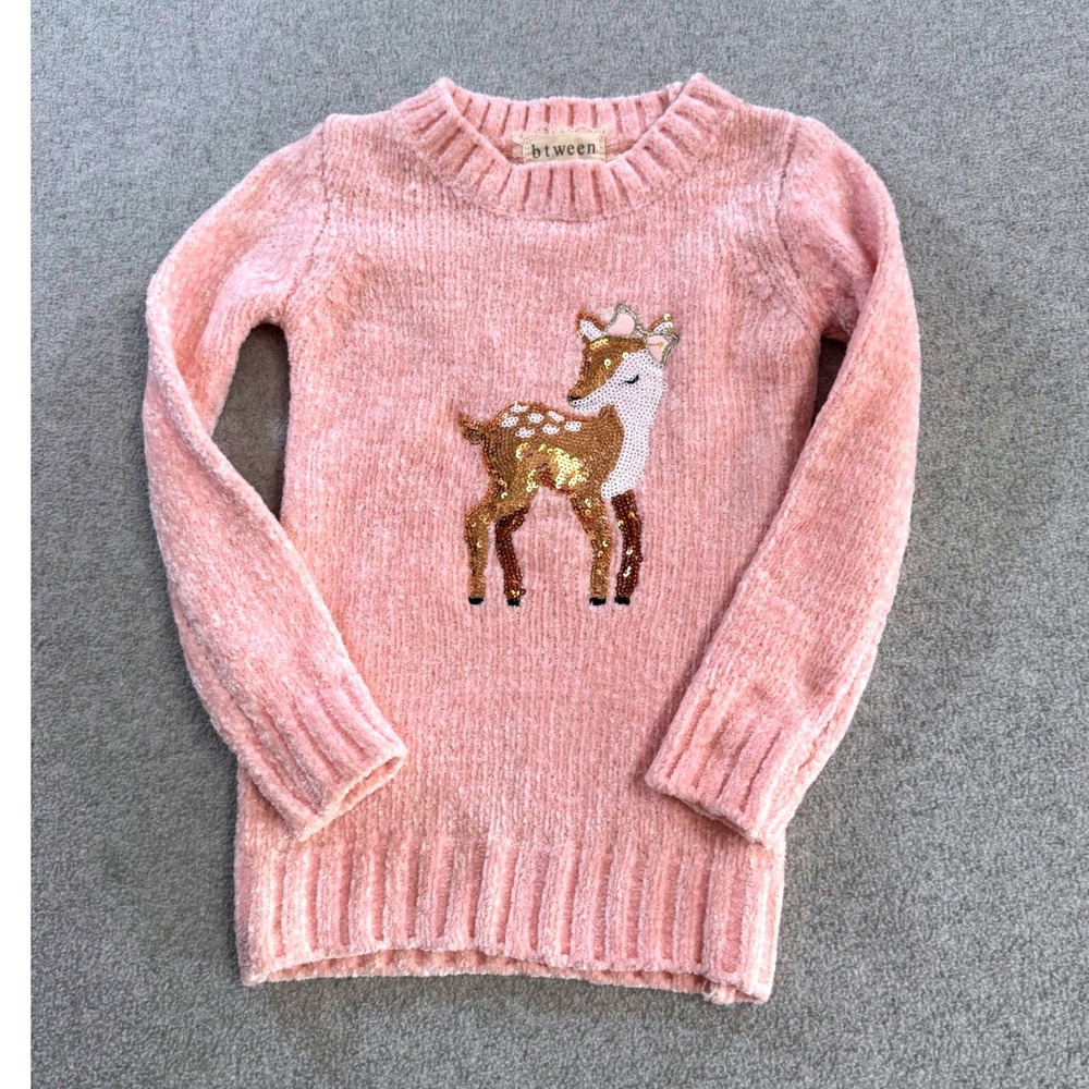 btween Chenille Sweater‎ Kids 2T Pink Sequin Deer Metallic Knit Pullover